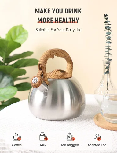 Vista 2 de BELANKO Hervidor de té de 2.7 cuartos de galón para estufas, tetera de acero inoxidable de grado alimenticio con silbato fuerte, mango de madera