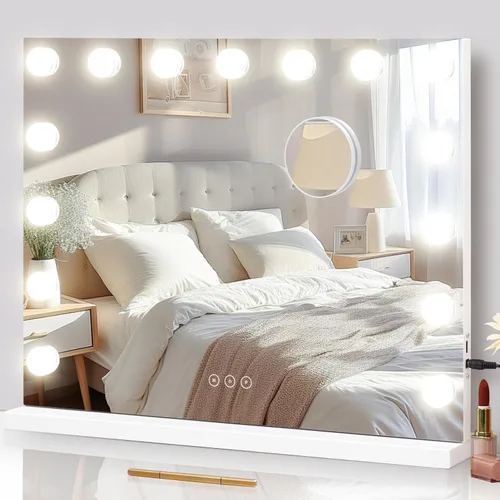 Vista 14 de Espejo de tocador con luces, espejo de maquillaje iluminado con bombillas LED regulables, 3 modos de iluminación de color, puerto de carga USB, Negro