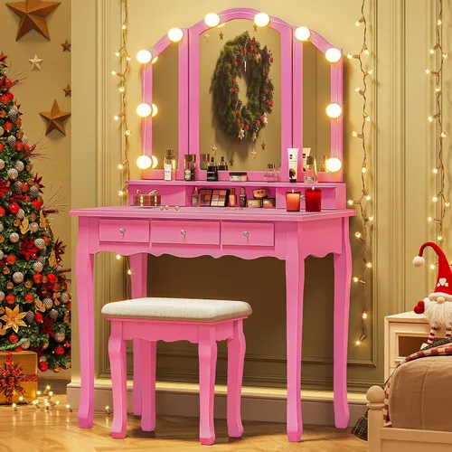 Vista 10 de Tiptiper Juego de mesa de tocador con espejo plegable triple iluminado, tocador de maquillaje con luces y 3 modos de iluminación