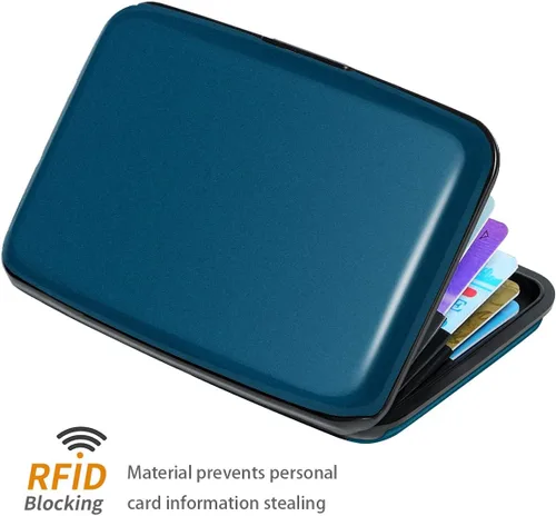 Vista 3 de Portatarjetas de crédito con bloqueo RFID, mini tarjetero delgado de aluminio duro para hombres o mujeres, Azul marino