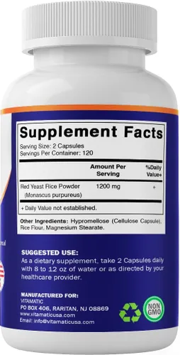 Vista 9 de Vitamatic - Arroz de levadura roja de 1200 mg por porción, 240 cápsulas vegetales, fabricado en los Estados Unidos, sin OMG y sin gluten
