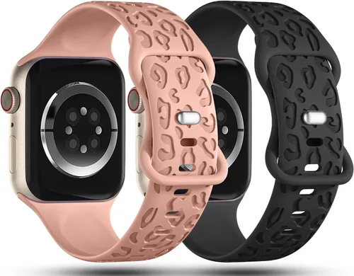 Vista 2 de Paquete de 2 correas con grabado de leopardo compatibles con Apple Watch de 1.614 in 1.575 in 1.496 in 1.929 in 1.811 in 1.772 in 1.732 in 1.654 in