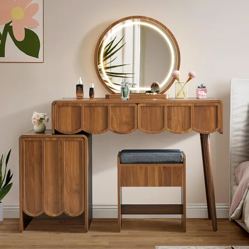 Vista 3 de ORRD Escritorio de tocador con espejo y luces, moderno panel de madera ondulada, juego de escritorio de maquillaje con cajones y gabinete, tocador