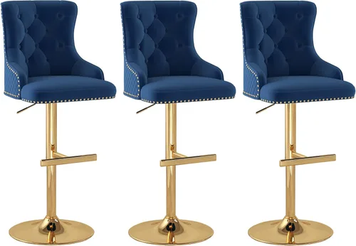 Vista 21 de Juego de 2 taburetes de bar de terciopelo, altura ajustable, base de metal dorado, beige Diseño de cabeza de clavo, función giratoria, ideal