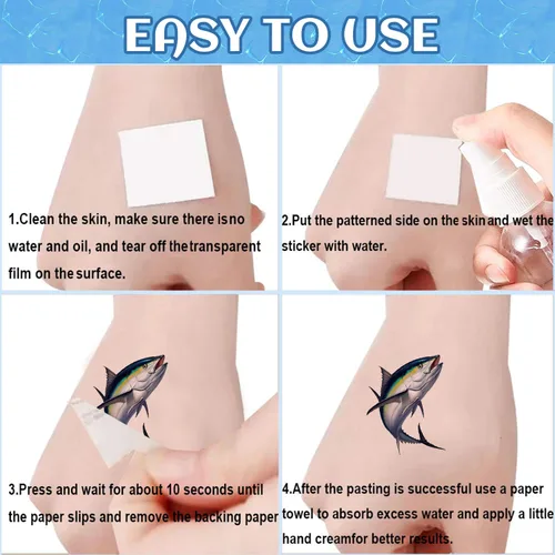 Vista 5 de 20 hojas (120 piezas) de tatuajes temporales de peces desaparecidos de pesca, recuerdo de fiesta para fiesta de cumpleaños, decoración de fiesta