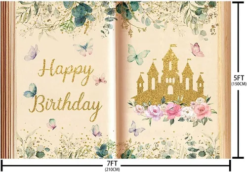 Vista 5 de AIBIIN Libros de cuentos de hadas de 7 x 5 pies, telón de fondo de feliz cumpleaños para niña, libro de apertura antigua, Once Upon a Time, castillo