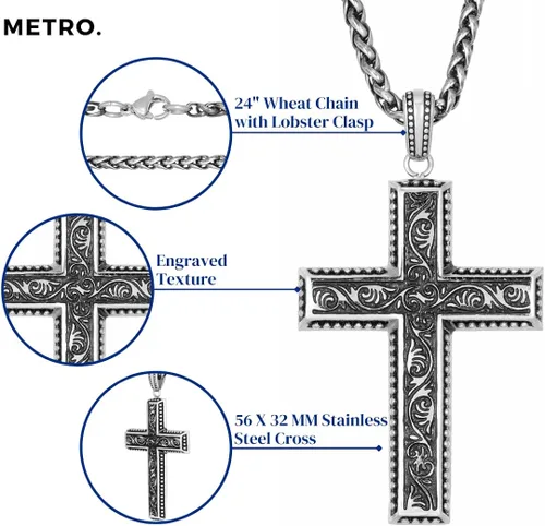 Vista 6 de Metro Jewelry Collar con colgante de cruz antigua para hombre en acero inoxidable, cadena de trigo de 24 pulgadas, 0.118in de ancho, Metal, No es