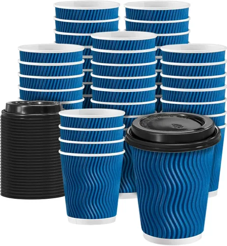 Vista 8 de Clawsoff Paquete de 100 tazas de café con tapas, de 8 onzas, desechables, aisladas, onduladas, para bebidas frías/calientes, oficina, hogar, tienda