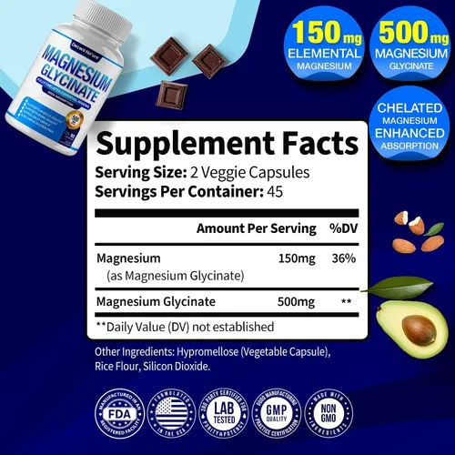 Vista 2 de Suplemento de magnesio glicinato de magnesio de 500 mg – Quelado para una alta absorción y biodisponibilidad, apoyo al sueño, músculos, huesos