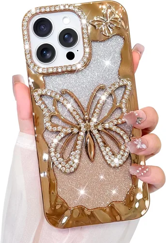 Vista 9 de Bonoma Funda con purpurina para iPhone 13 Pro Max, bonita funda 3D con patrón de chapado en degradado de mariposa de diamante, protección de cámara