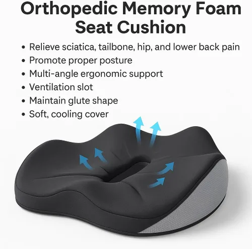 Vista 5 de Cojín ortopédico de espuma viscoelástica para asiento con soporte lumbar, ciática, coxis, coxis, cadera y espalda, diseño ergonómico de 5 zonas