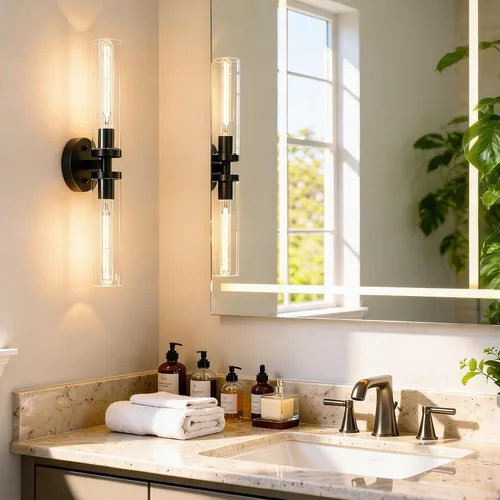 Vista 6 de Juego de 2 apliques de pared, lámparas de baño cableadas, iluminación de pared moderna para tocador de baño con pantalla de vidrio transparente