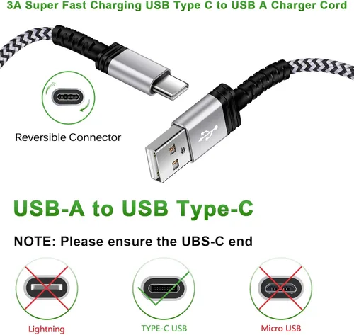 Vista 4 de Paquete de 3 cables USB tipo C para Samsung S26 S25 S24 S23 de carga rápida USB C a USB A Android Phone C para Galaxy S26Ultra/A17 A16 5G/Z