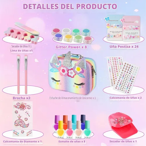 Vista 3 de Juego de esmaltes de uñas para niñas, kit de salón de esmalte de uñas de secado rápido, esmalte de uñas despegable, juguetes de regalo ideal