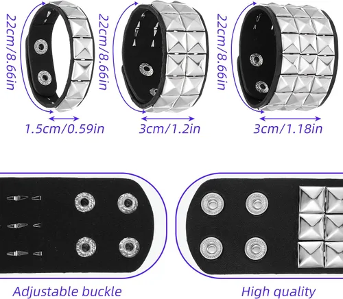Vista 2 de Juego de 3 pulseras de cuero punk rock con tachuelas para hombres y mujeres, juego de pulseras góticas con púas para los años 80 y 90, joyería emo