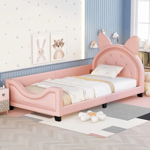 Vista 9 de Bonita cama tapizada de cuero con adorno de conejo, cama de plataforma de tamaño individual con cabecero y listones de madera, adecuada para niños