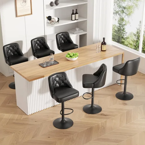 Vista 10 de Juego de 2 taburetes de bar, taburete de bar ajustable con respaldo, sillas de bar tapizadas de piel sintética, taburetes de bar giratorios modernos