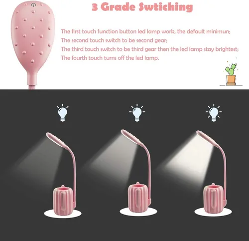 Vista 5 de Luz LED de escritorio de cactus, lámpara de protección ocular regulable + soporte para bolígrafo para lectura de estudio de oficina (rosa)