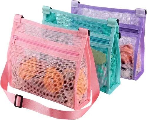 Vista 9 de MUYIZI Bolsa de playa de malla para recoger conchas, paquete de 3, bolsas de concha para playa, bolsas de concha de mar para recoger conchas, bolsa