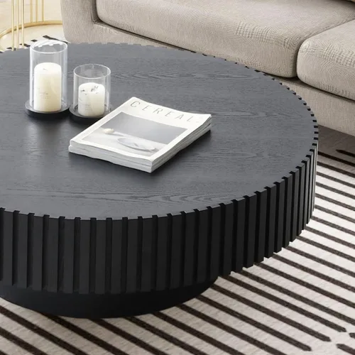 Vista 7 de KEVINSPACE Mesa de centro redonda de 35.43 pulgadas para sala de estar, pedestal de madera redonda, mesa de centro para sala, mesa de centro, Negro