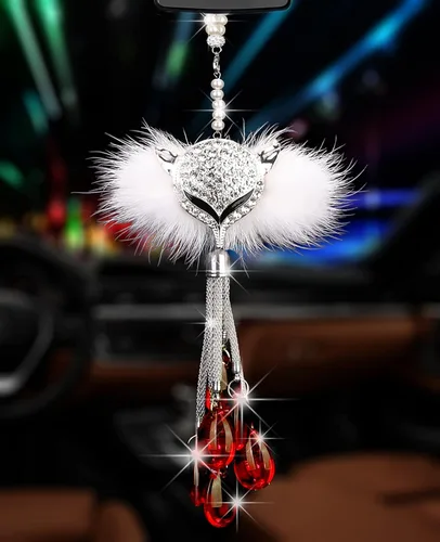 Vista 13 de Glamorosa decoración colgante de espejo de coche con cabeza de zorro azul oscuro, adorno de automóvil con temática animal para mujeres y hombres