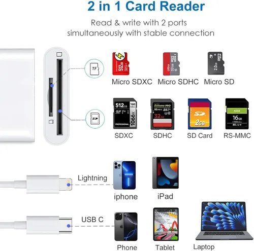 Vista 2 de Lector de tarjetas SD para iPhone iPad, adaptador de tarjeta SD/Micro SD 2 en 1, conector dual (Lightning y USB-C) para tarjetas de memoria SD y TF
