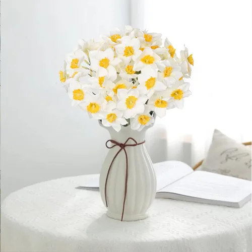Vista 3 de Briful 12 tallos de narcisos artificiales, 2 racimos de flores artificiales de tacto real, flores de narciso falsas de seda de 9 pulgadas, ramo