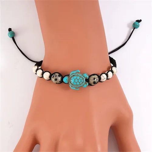 Vista 2 de Pulsera de tortuga, pulsera ajustable, pulsera trenzada para mujer, hecha a mano, joyería de playa