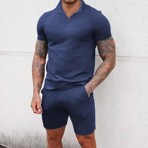 Vista 3 de TURETRENDY Conjunto de camisa polo y pantalones cortos para hombre, manga corta, cremallera, 2 piezas, traje de verano, casual, atlético, conjunto