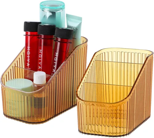 Vista 15 de Organizador de brochas de maquillaje ámbar para tocador, organizador de encimera de baño, 5 tazas, almacenamiento y exhibición de artículos