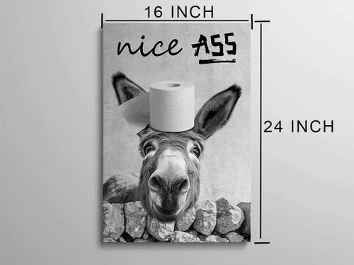 Vista 2 de Biufo Lienzo decorativo para pared, diseño de burro de culo, divertido y bonito retrato de burro, obra de arte para decoración de baño, inodoro