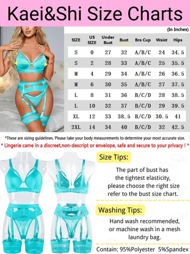 Vista 6 de Kaei&Shi - Lencería con liguero para mujer, conjunto de encaje traslúcido y sexy de 4 piezas combinadas