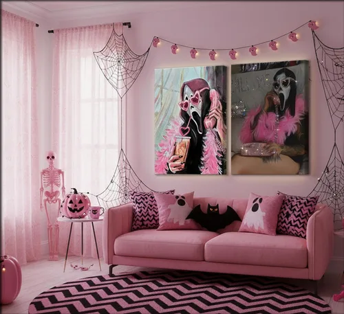Vista 2 de 2 Piezas Máscaras de Fantasmas de Halloween Arte de Pared Moderno Rosa Académico Gótico Romántico Decoración de Pared de Fantasmas Cuadros Terror