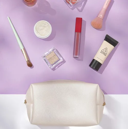 Vista 4 de Juego de 2 bolsas de cosméticos de piel sintética para mujer, bolsa de maquillaje minimalista para uso diario, bolsa de almacenamiento portátil