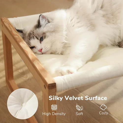 Vista 2 de FUKUMARU Hamaca Cama para Gatos, Cómodo Sofá de Terciopelo para Gatos de Interior, Percha de Madera Elevada para Gatos, Sofá para Mascotas de 21