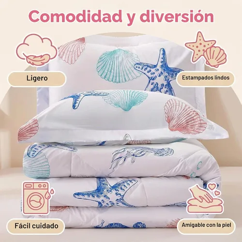 Vista 5 de JSD - Juego de edredón para niños con temática de playa, tamaño individual, diseño de conchas de medusas y estrellas de mar
