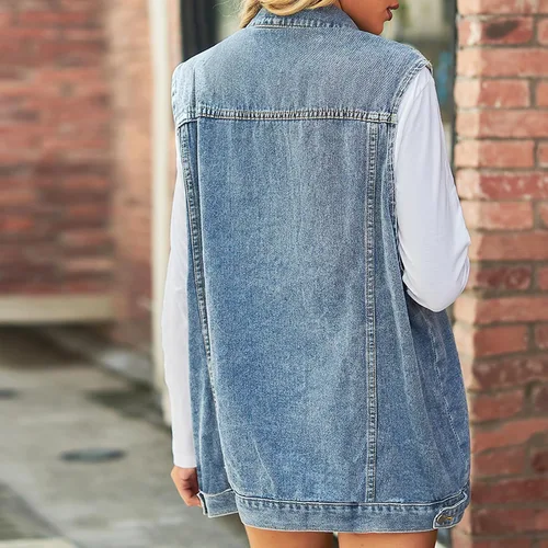 Vista 5 de Chaleco de mezclilla para mujer, de gran tamaño, casual, clásico, sin mangas, con botones, chaqueta vaquera