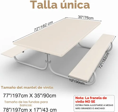 Vista 2 de [Usado] Funda de mantel ajustable de 3 piezas para mesa de pícnic y bancos, para mesa de 6 pies, 30 x 72 pulgadas, vinilo con bordes elásticos Beige