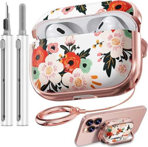 Vista 23 de Inesore Funda con bloqueo de seguridad para AirPods 4 2024, bonita funda floral para AirPod de 4ª generación para mujeres con kit limpiador