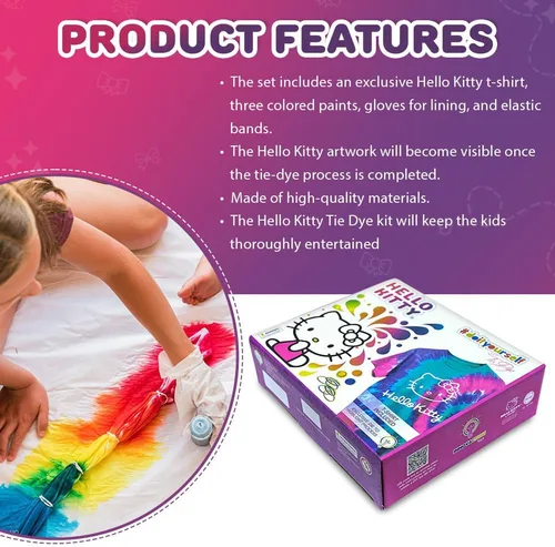 Vista 3 de Hello Kitty - Juego de teñido anudado - El juego incluye con una camiseta, 3 pinturas de colores, forro, guantes y bandas elásticas, paquete de 1