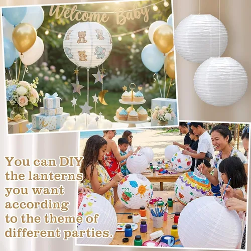 Vista 6 de Glooglitter 5 linternas grandes de papel blanco de 18 pulgadas, lámpara de papel redonda de luna china, lámparas japonesas gigantes colgantes