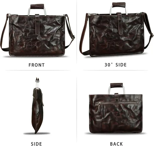 Vista 4 de Maletín delgado de cuero genuino para hombres y mujeres, bolso bandolera vintage para computadora portátil de negocios