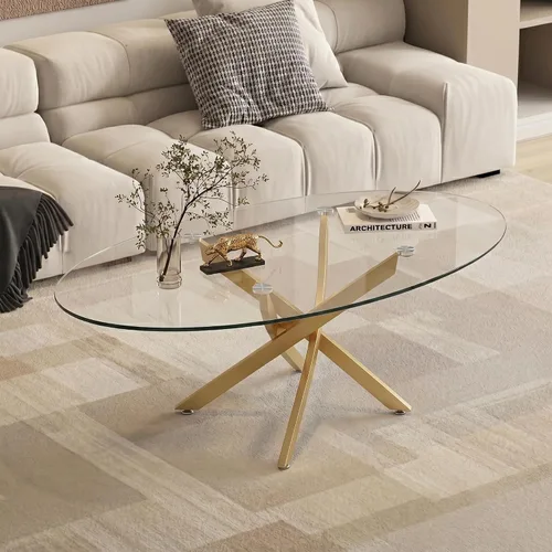 Vista 11 de Henf Oval Glass Coffee Table, 39.4'' Transparent Top, Black Metal Legs