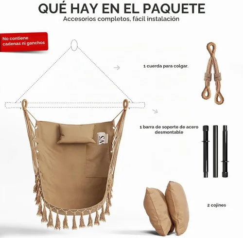 Vista 4 de Giantex Silla colgante hamaca columpio – con barra colgante de acero resistente, cómoda almohada para reposacabezas, 2 cojines, columpio de macramé