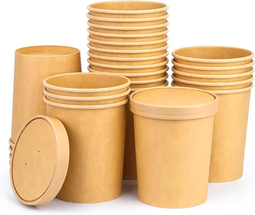 Vista 19 de Paquete de 25 recipientes de sopa de 8 onzas con tapas, taza de sopa de papel desechable, recipientes de papel para alimentos con tapas, recipiente
