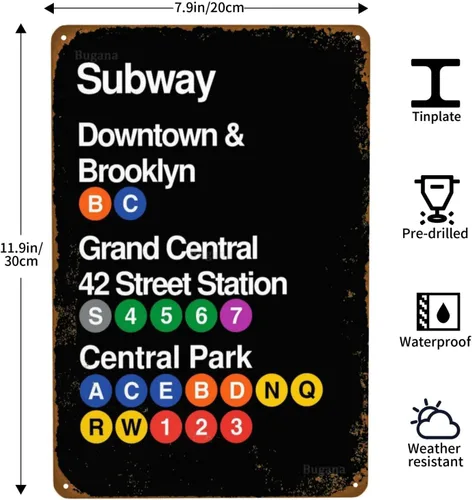 Vista 3 de New York City Metro Downtown & Brooklyn Grand Central 42 Street Station Park - Letrero de metal vintage, carteles de estaño retro para hombre