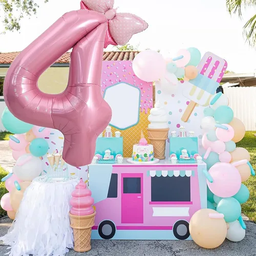 Vista 3 de Globo rosado de 40 pulgadas con número 4 y lazo mini para decoraciones de fiesta de cumpleaños número 4 de niña - Suministros de fiesta con tema rosa
