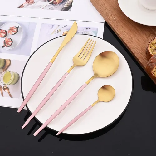 Vista 5 de JASHII Juego de 40 cubiertos de color rosa mate y dorado, juego de cubiertos de acero inoxidable para 8, incluye cucharadas de tenedor para tartas
