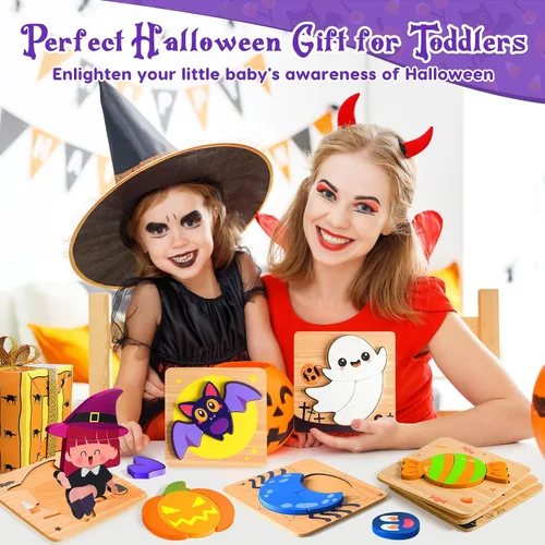 Vista 7 de Rompecabezas de madera de Halloween para niños pequeños de 1 a 3 años, rompecabezas de madera con calabaza, murciélago, fantasma, dulces, bruja