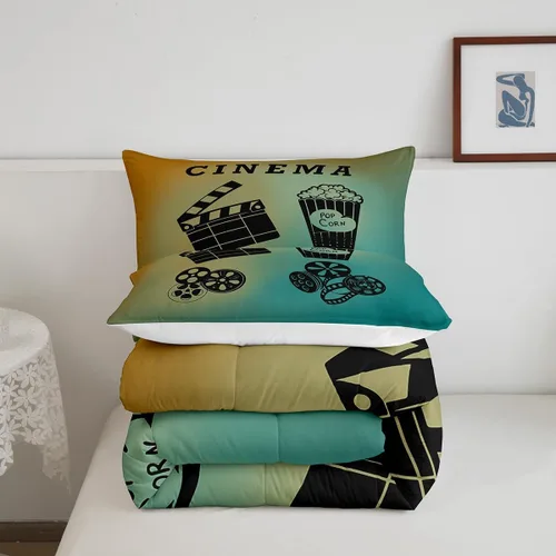 Vista 5 de Juego de edredón de cine tamaño individual, ropa de cama vintage de cine para niños, niñas y adultos, juego de edredón de palomitas de maíz